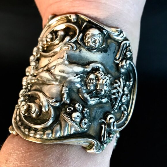 Antique Tiffany Cir.19th C Sterling Silver Cuff Bracelet Cherub Putti 925 Rare - Picture 10 of 13